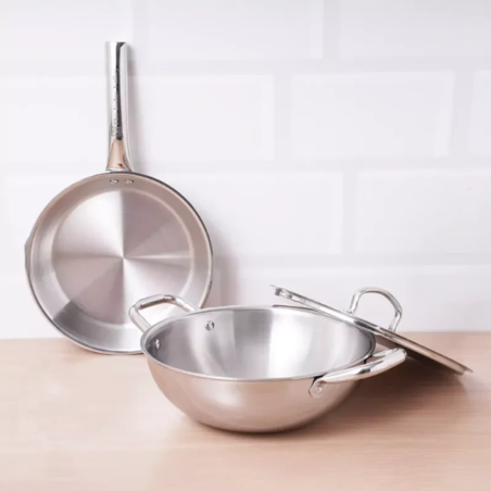 TurboCuk Tri-ply Stainless Steel Cookware Set: 3L Kadai with Lid + 1.4L Fry Pan, Premium Quality, 3 Layer Thick Body, 100% Tox