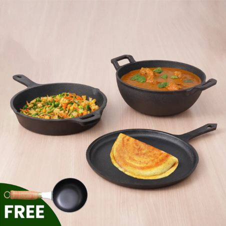 CASTrong Cast Iron Cookware Set: (25.7cm)Tawa+ (25cm)Kadai+ (25cm)Frypan, Kitchen Set for Home, Pre-seasoned, 100% Pure, Induc